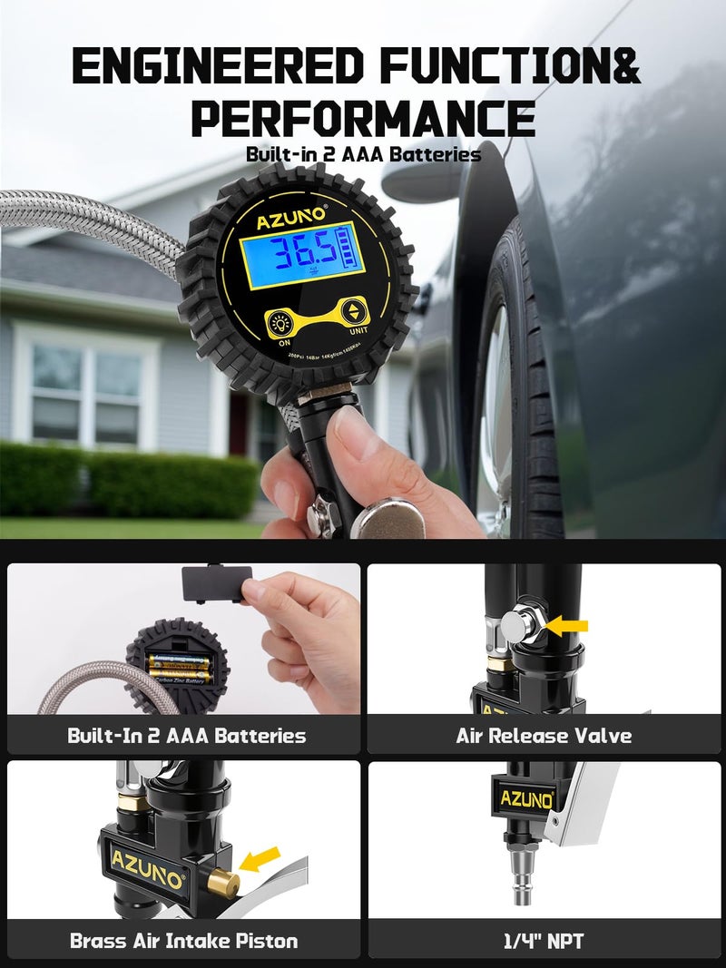 AZUNO Digital Tire Inflator with Pressure Gauge, 200 PSI (0.1 Res) w/LED Flashlight, Heavy Duty Air Compressor Accessories 7pcs Set, w/Lock on Air Dual Head Chuck and 90Â° Tire Valve - Image 5
